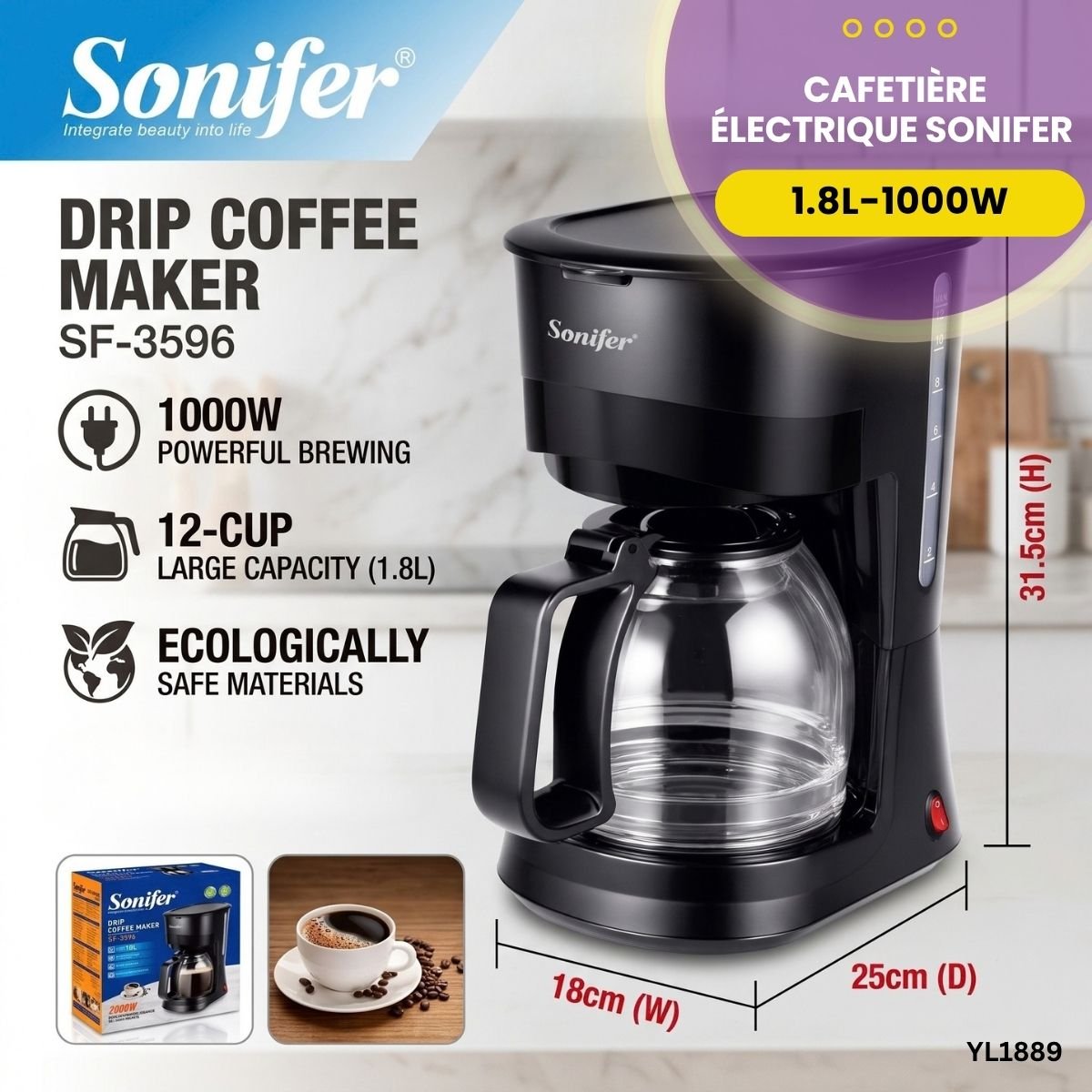 Cafetière Électrique Sonifer 1.8L YL1889 – Image 3