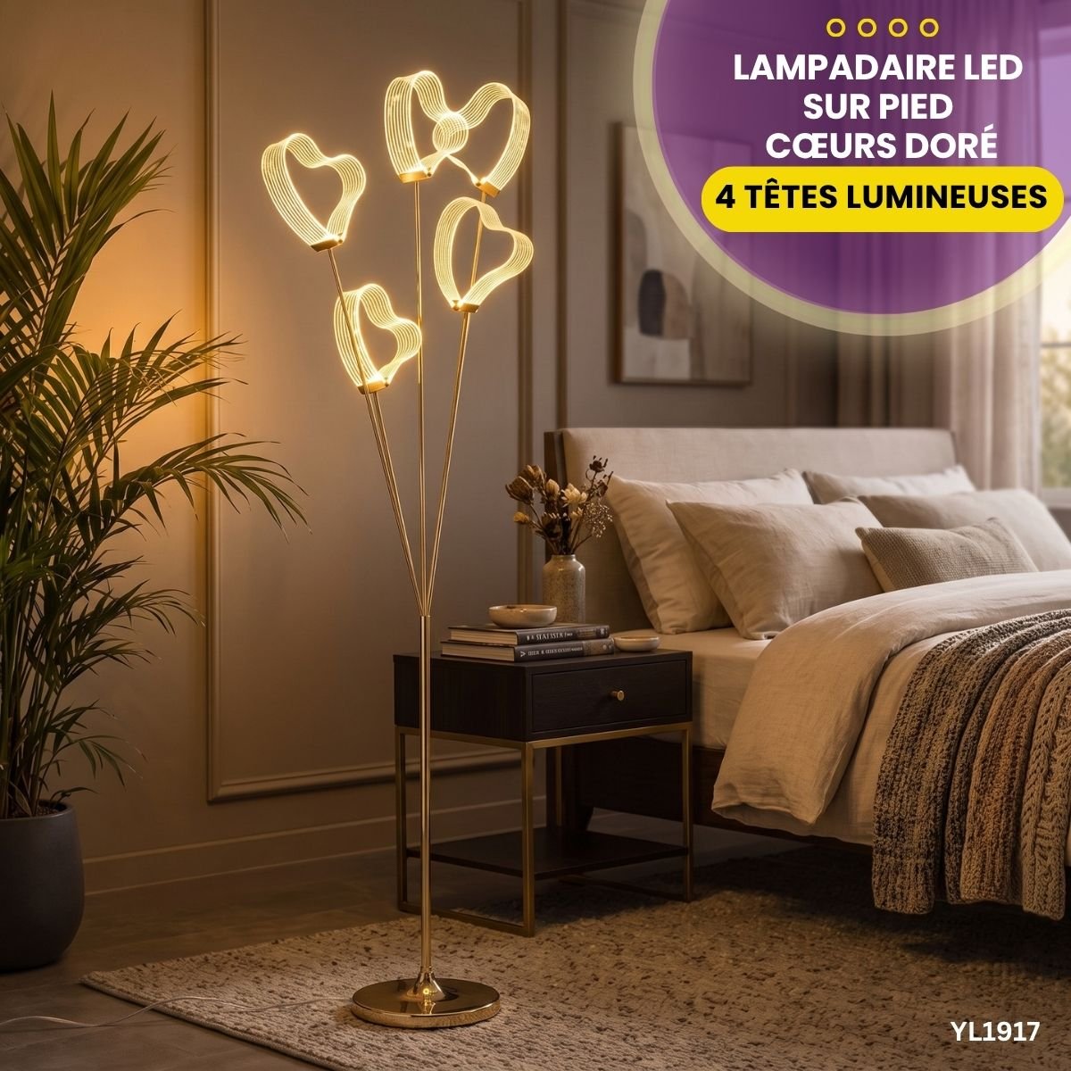 Lampadaire LED Sur Pied Cœurs Doré YL1917