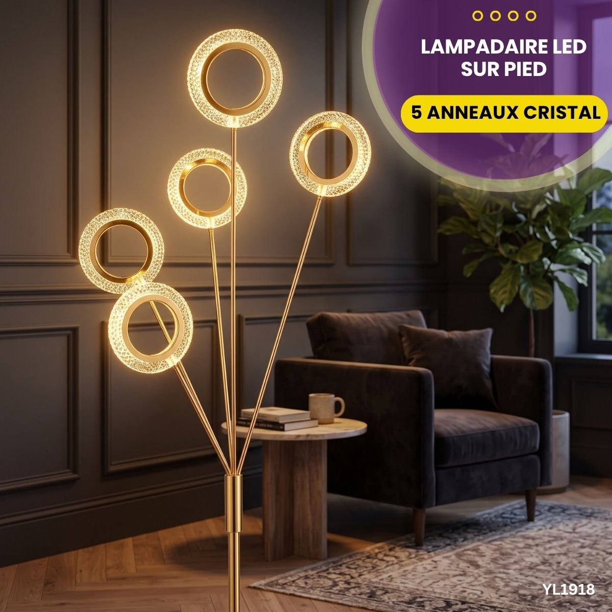 Lampadaire LED Sur Pied 5 Anneaux Cristal YL1918 – Image 2