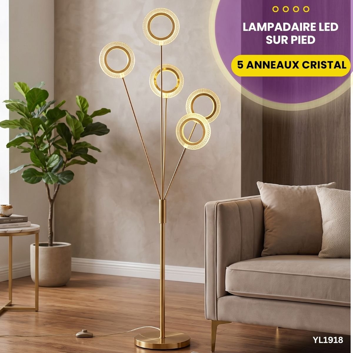 Lampadaire LED Sur Pied 5 Anneaux Cristal YL1918