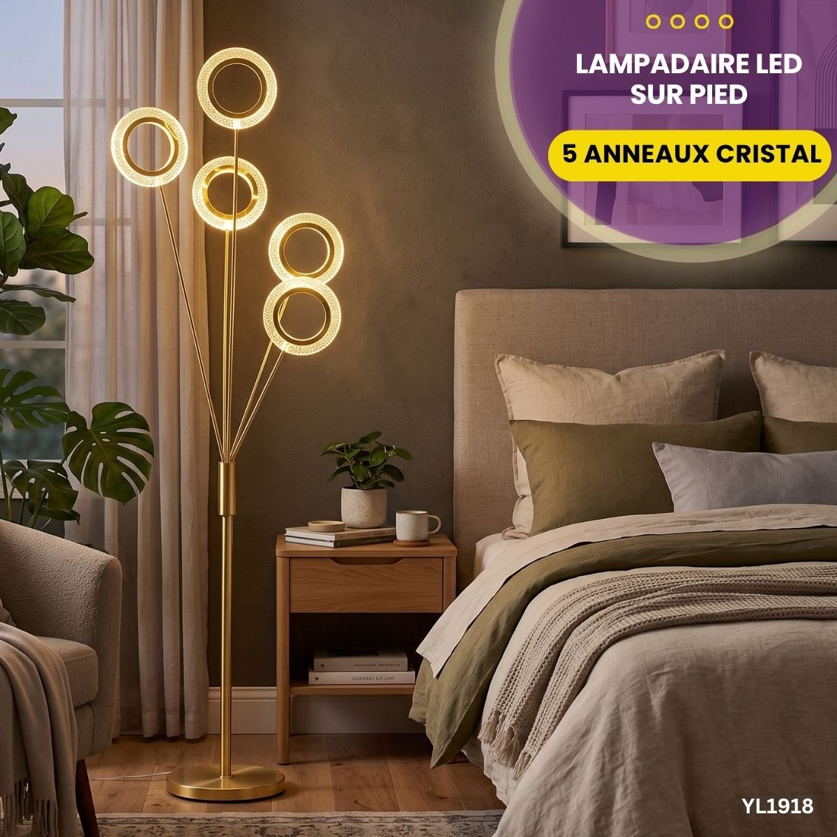 Lampadaire LED Sur Pied 5 Anneaux Cristal YL1918 – Image 3