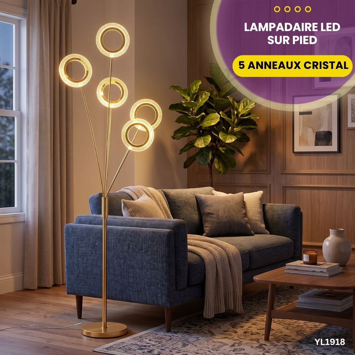 Lampadaire LED Sur Pied 5 Anneaux Cristal YL1918 – Image 4