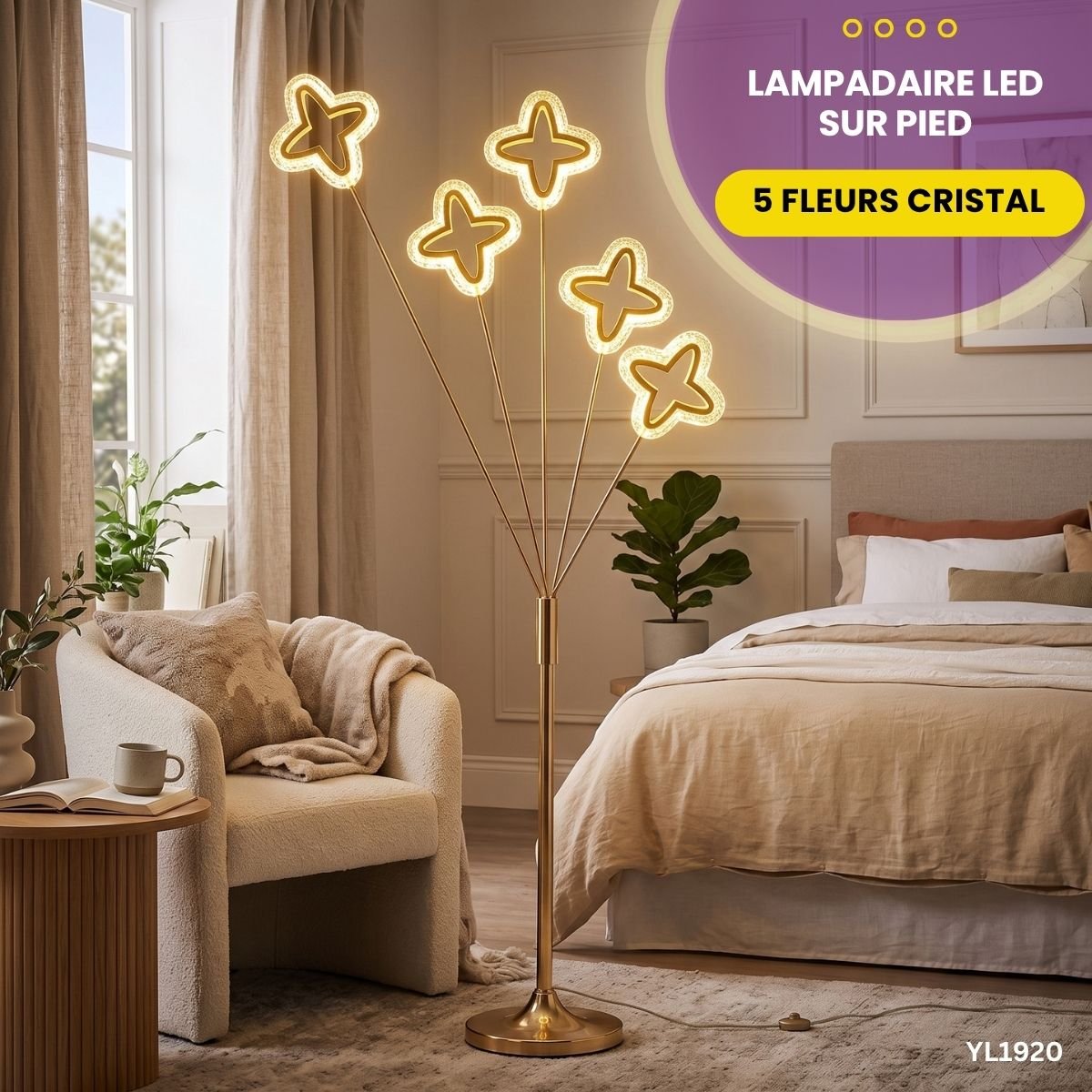 Lampadaire LED Sur Pied 5 Fleurs Cristal YL1920 – Image 3