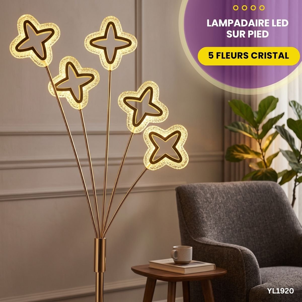 Lampadaire LED Sur Pied 5 Fleurs Cristal YL1920 – Image 2