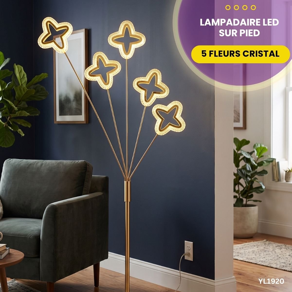 Lampadaire LED Sur Pied 5 Fleurs Cristal YL1920 – Image 4