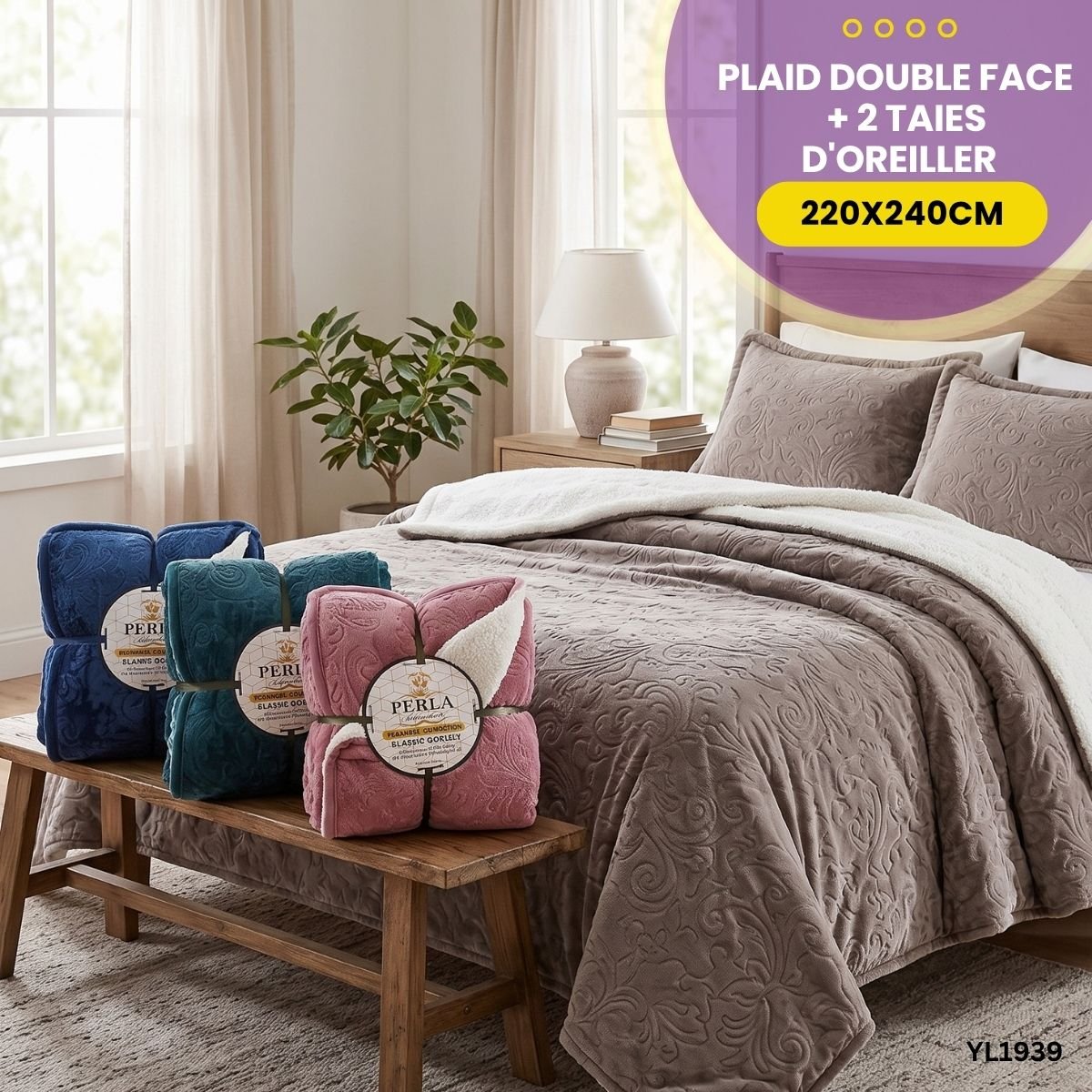 Plaid Double Face 2 Places + 2 Taies d'Oreiller YL1939 – Image 5