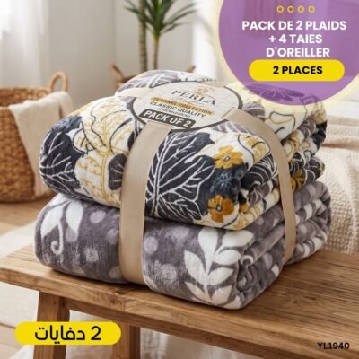 Pack de 2 Plaids 2 Places + 4 Taies d'Oreiller YL1940